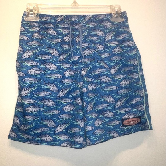 Vineyard Vines Boys Blue Swim Trunks Size Small Fish Print Mesh Lined - Picture 1 of 8